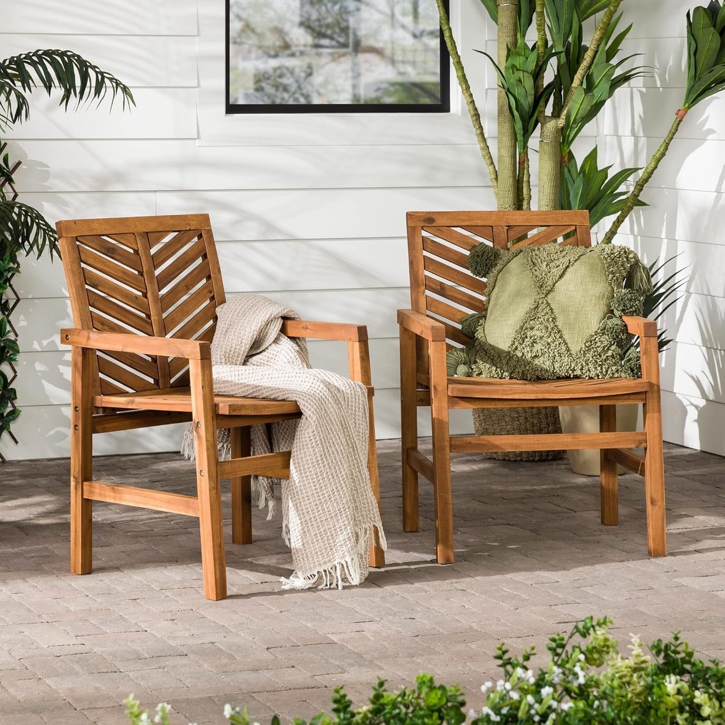 2 Piece Outdoor Patio Chevron Wood Chair Set All Weather Backyard Conversation Garden Poolside Balcony, Set of 2, Brown-0