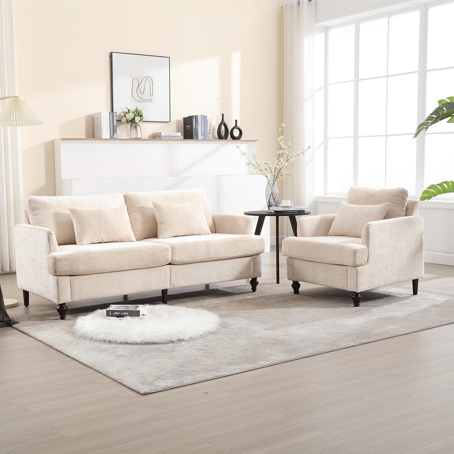 2 Pieces Living Room Furniture Sets, Loveseat Couch and Accent Chair, Mid-Century Modern Sofa Set for Living Room, Apartment, Office, Bedroom (Beige, Chenille)-0