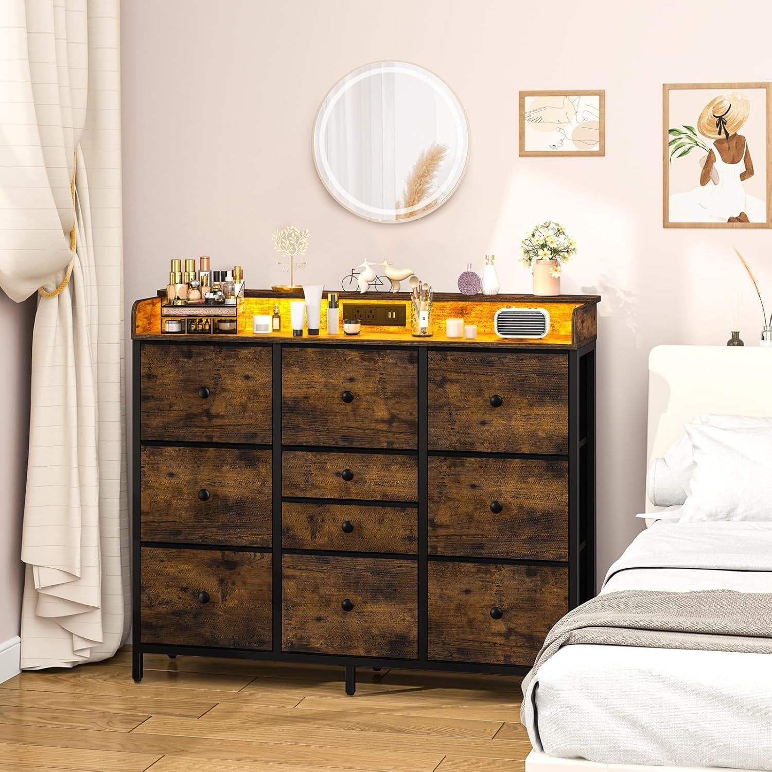 Dresser for Bedroom with Charging Station and LED Lights, Tall Dresser TV Stand with 10 Storage Drawers,Fabric Dressers & Chests of Drawers,Wood Dresser for Bedroom Closet Organizer,Brown-1