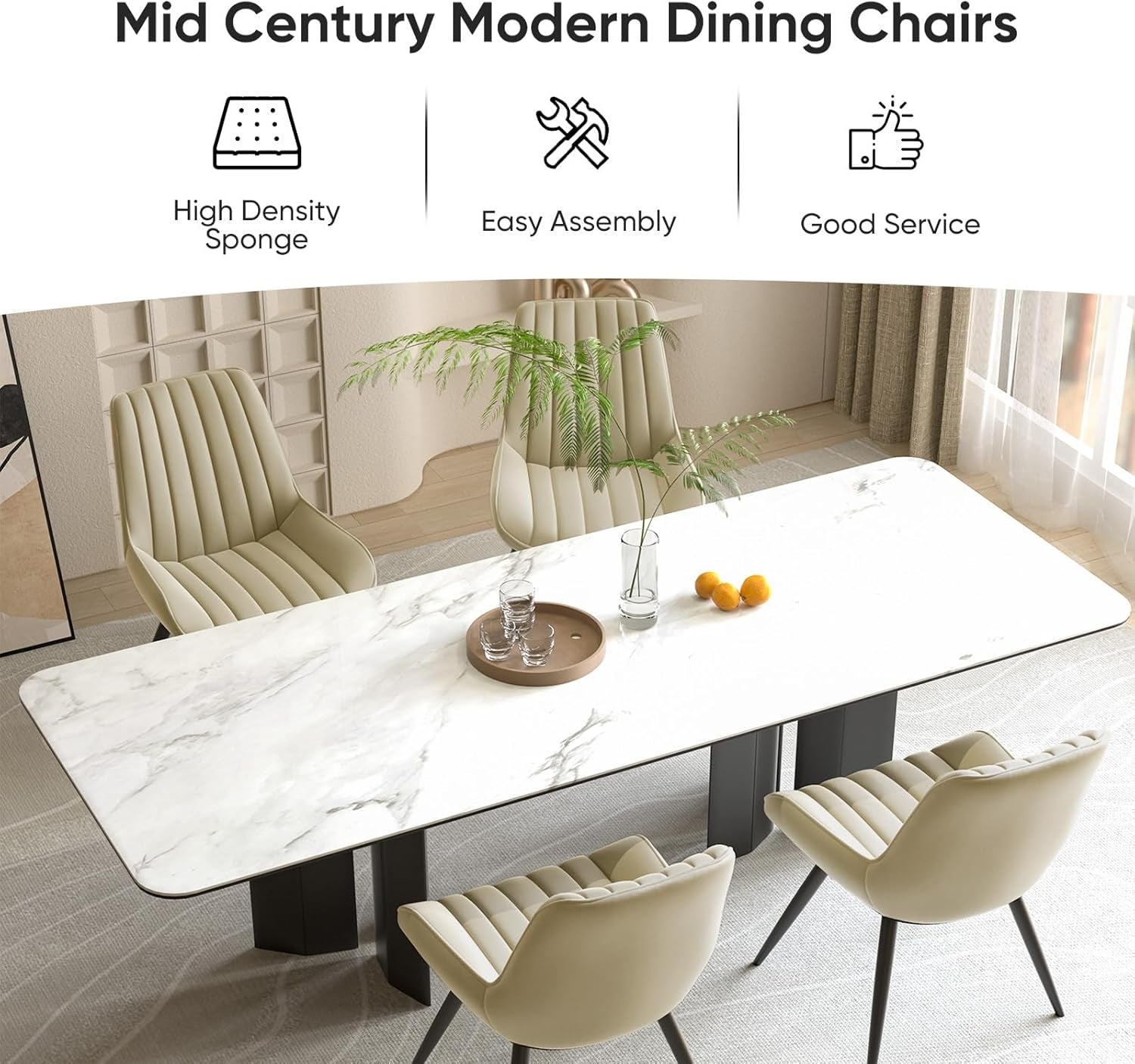 Modern Dining Chairs Set of 4, Comfortable Dining Room Chairs with Thick Cushions, Fabric Upholstered Side Chairs with Metal Legs for Kitchen, Khaki-3