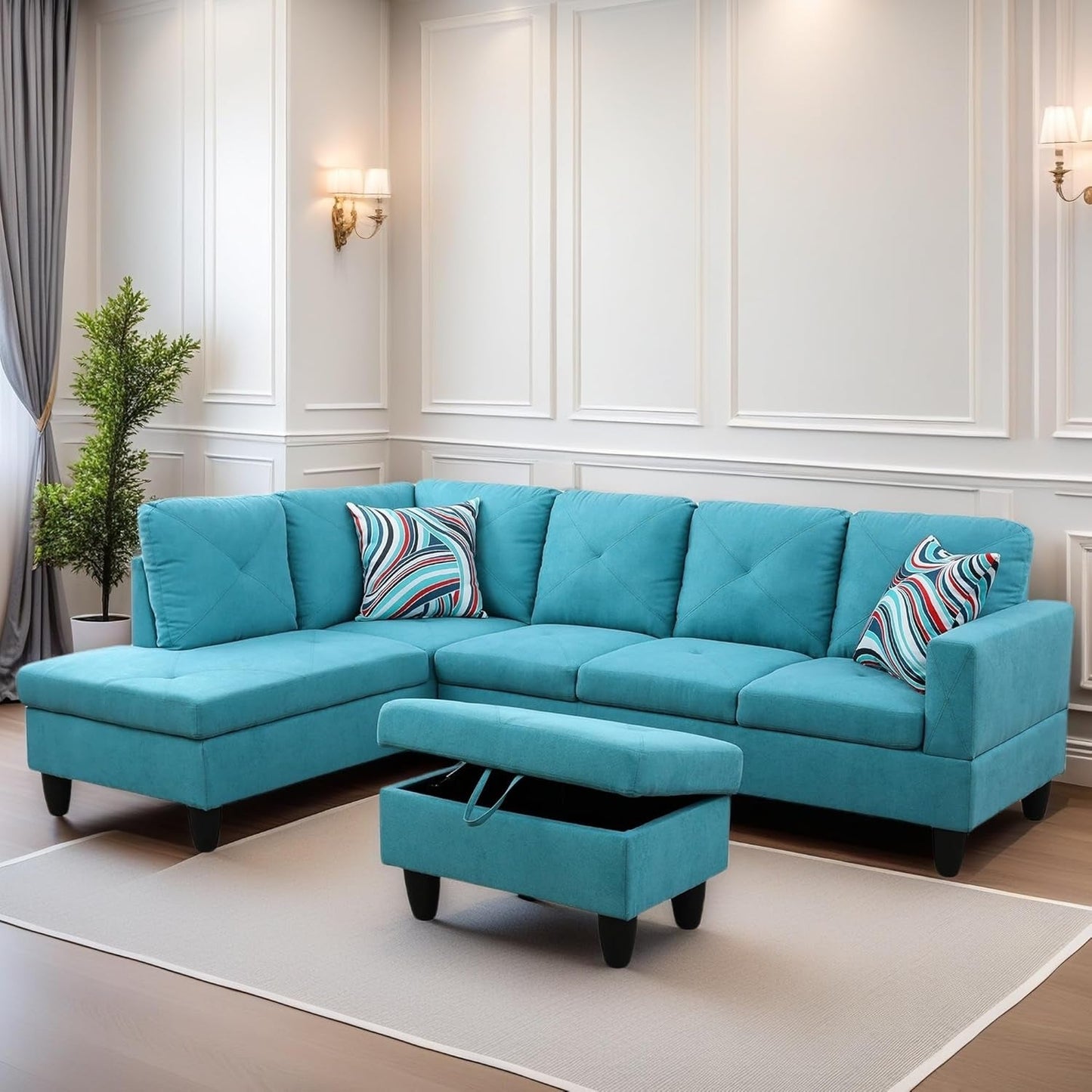 L Shaped Sectional Couch Sofa, Modern Couches for Living Room, Comfy 4 Seat Modular Sectional Sofa with Ottoman Storage for Bedroom Apartment, Blue-2