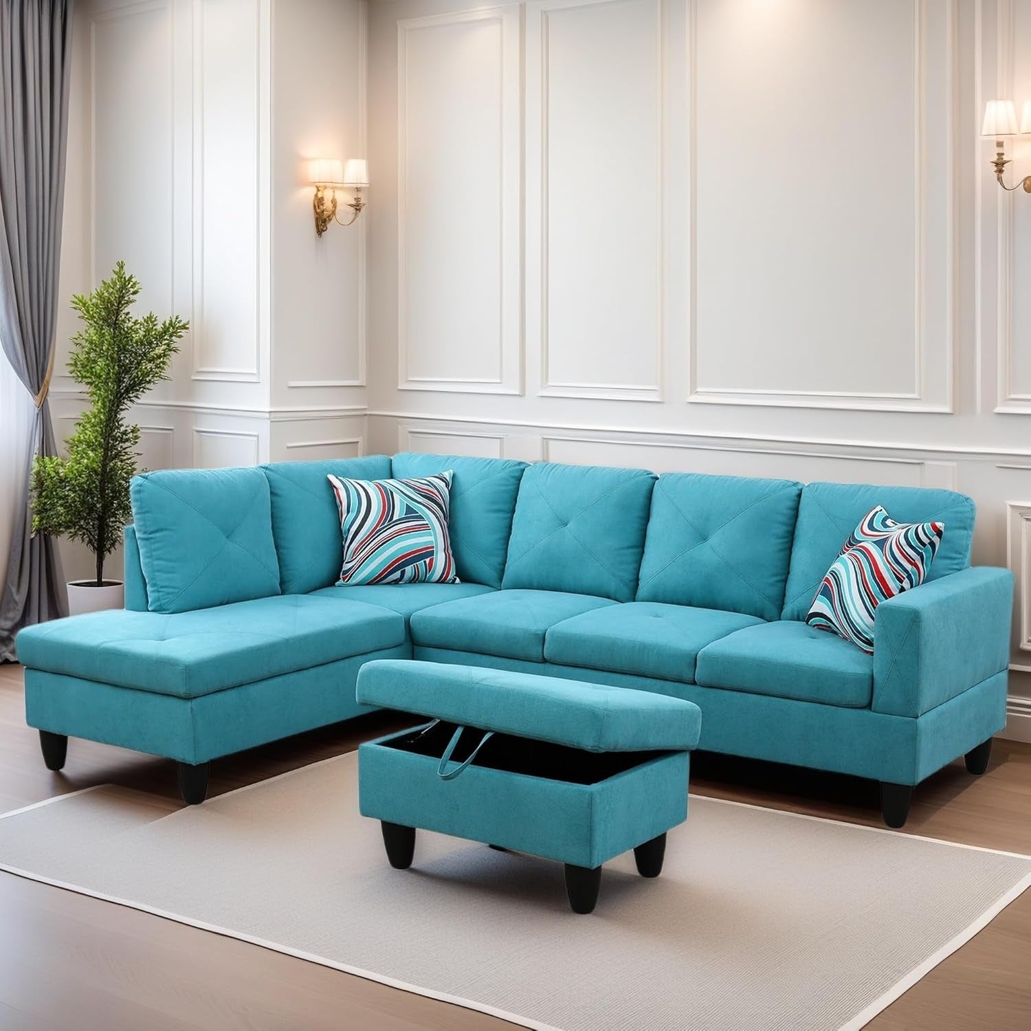 L Shaped Sectional Couch Sofa, Modern Couches for Living Room, Comfy 4 Seat Modular Sectional Sofa with Ottoman Storage for Bedroom Apartment, Blue-2