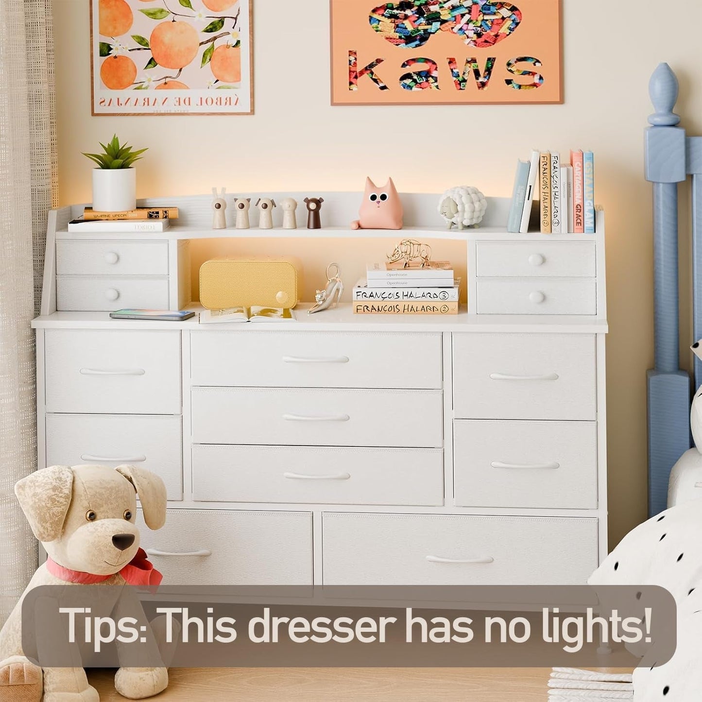 White Dresser for Bedroom with 13 Drawers, Fabric Chest of Drawers with PU Finish for Kids, Girls, Adults, Nursery, Living Room, Closet, Entryway, Hallway (No LED Lights)-3