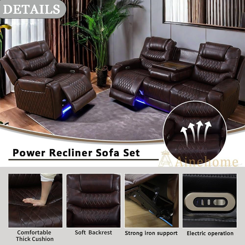 LED Power Recliner Sofa for Living Room Furniture Set, Leather Sectional Sofa Set, Reclining Sofa and Loveseat with USB Port/Storage Console/Cup Holders(Dark Brown Sofa+Chair)-4