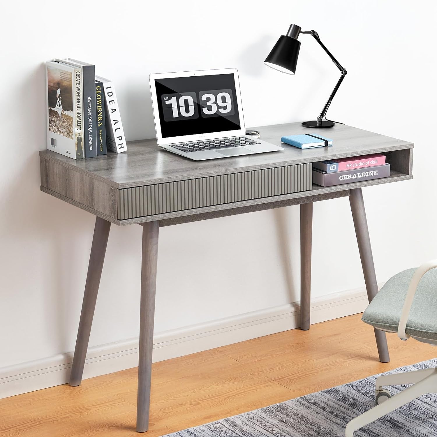 Office Desk Mid Century Modern Desk Writing Desk with Drawer Simple Home Office Desk Mid Century Desk, Grey-0