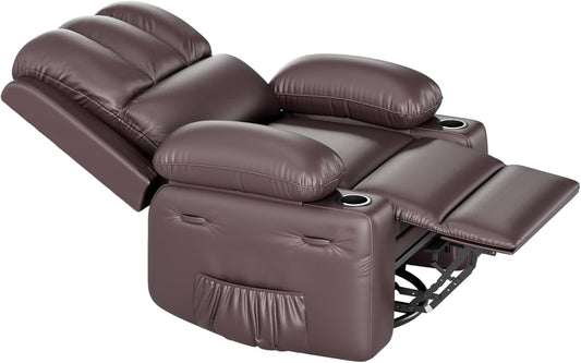 Leather Recliner Chair, Manual Recliner W/Comfortable Arms and Cup Holders for Living Room CF8011 - Brown, Medium-0