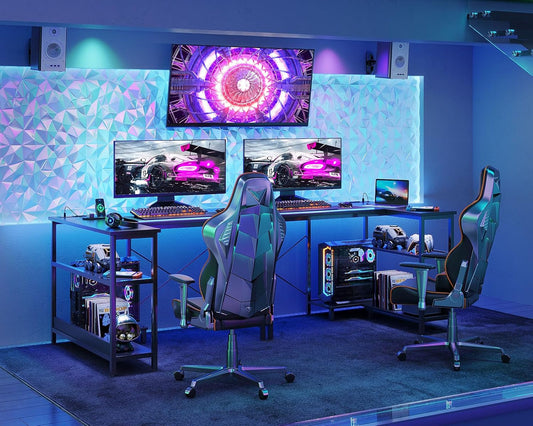 40 Inch Small L Shaped Gaming Computer Desk with Power Outlets, Corner Desk with Reversible Storage Shelves & PC Stand for Small Space, Modern Simple Home Office Table, Carbon Fiber Surface, Black-1