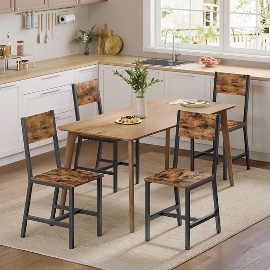 Dining Chair Set of 4, Rustic Wood Chairs with Metal Steel Frame, Easy to Assemble, Comfortable Seat, Modern Farmhouse Chair for Kitchen, Bedroom, Living Room, Rustic Brown and Ink Black-0