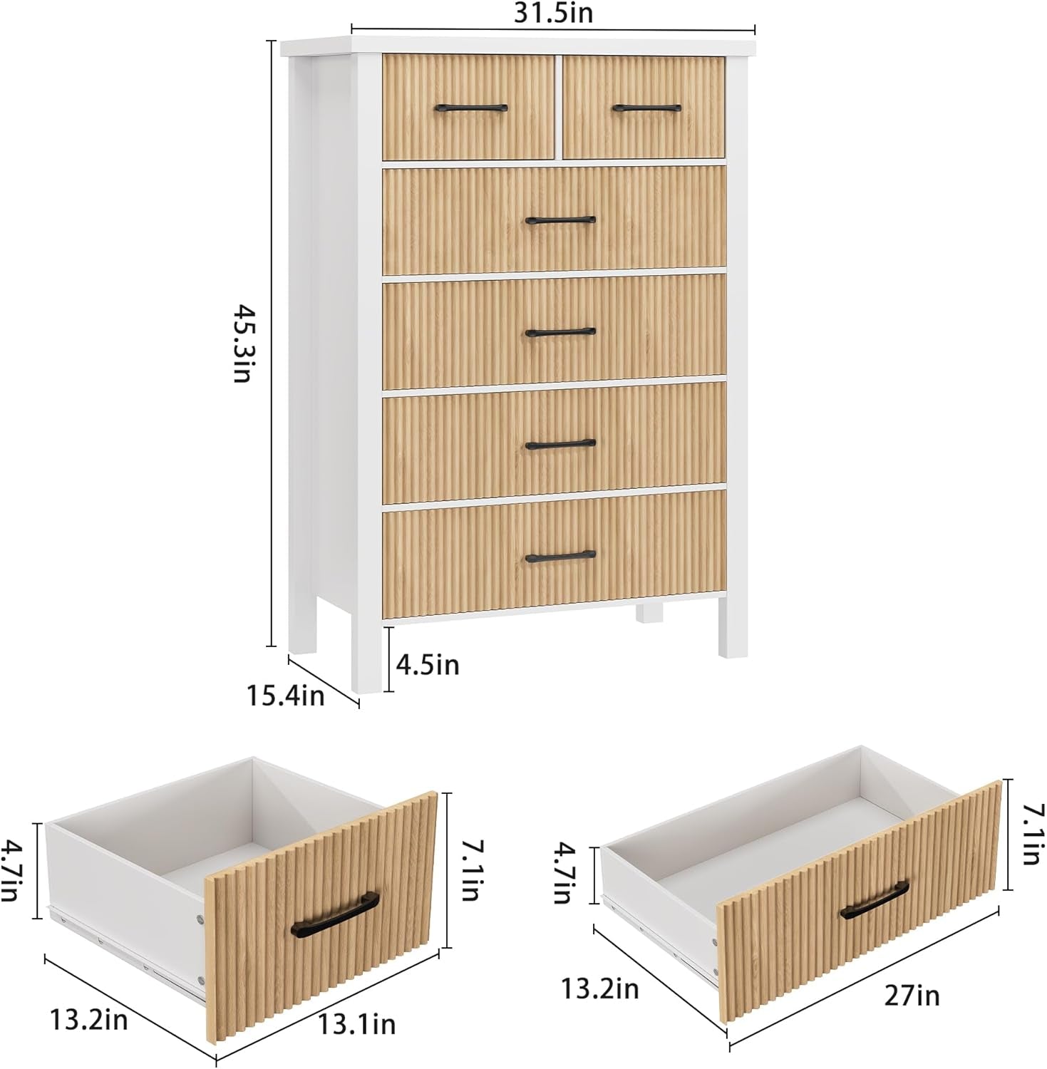 White 6 Drawer Fluted Dresser with Wood Legs-2