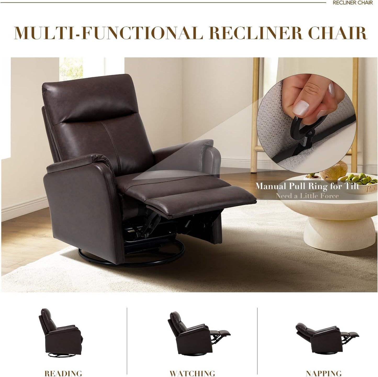 Swivel Rocking Recliner Glider Chair, Leather Reclining Rocker Chair with Footrest for Living Room, Nursery, Office, Bedroom, Wide Seat Cushion and Metal Base-Chocolate-3