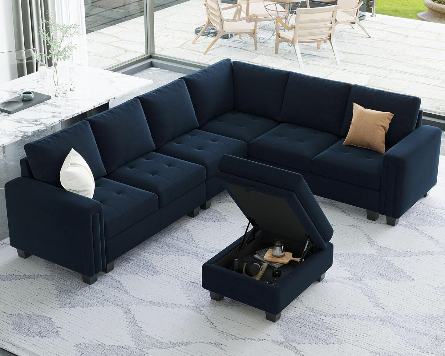 Velvet L Shaped Sofa Couch with Reversible Chaise Convertible Modular Sectional Sofa Set with Storage Ottoman Corner Sofa Set for Living Room Blue-3