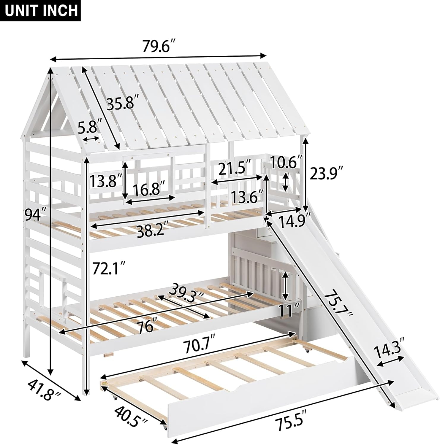 Kids Twin over Twin Bunk Beds with Slide and Trundle, Solid Wood Bunk Bed Frame with Stairs and Storage, Playhouse Bunk Bed with Roof and Window for Kids, Teens, Girls & Boys (White)-1