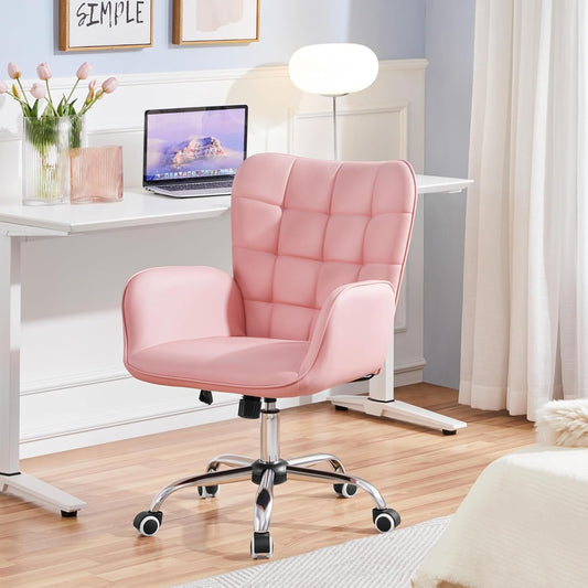 Faux Leather Office Chair Modern Vanity Chair Ergonomic Adjustable Makeup Chair with Padded Armrests Big Seat for Office, Study, Home, Pink-1