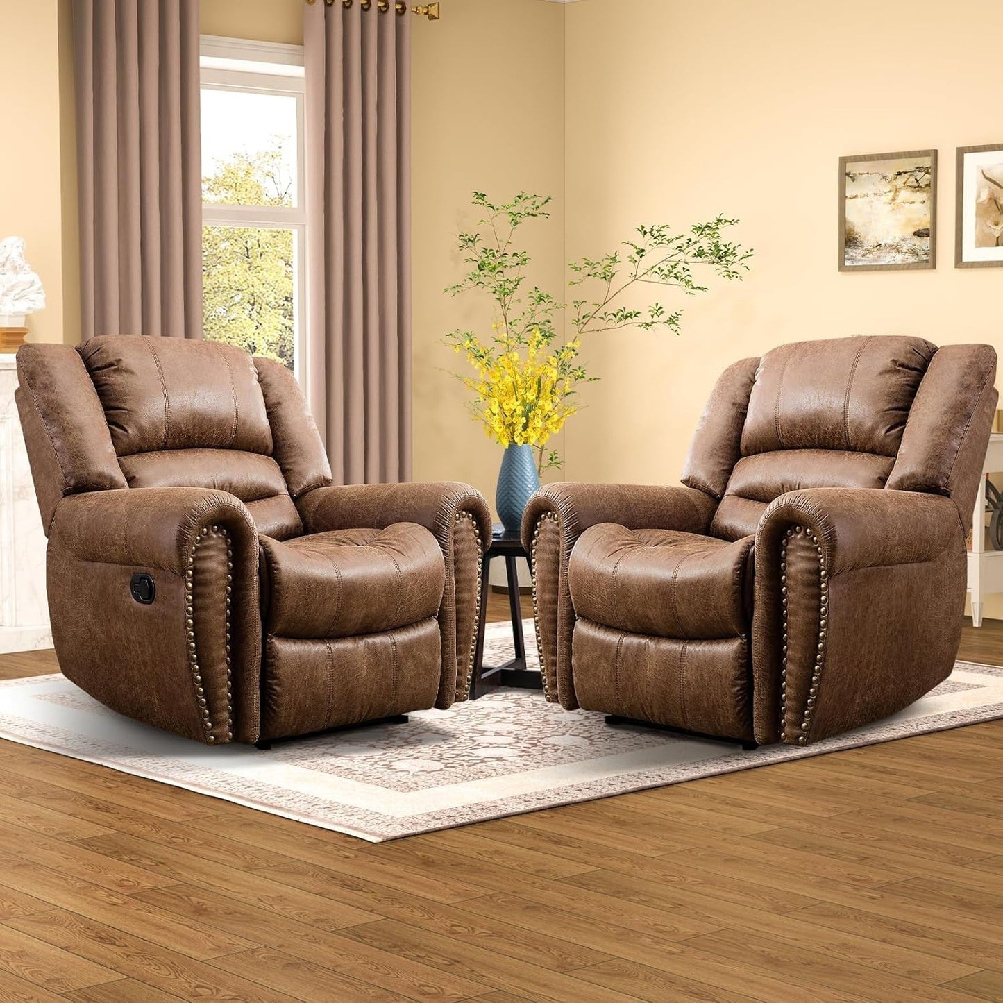Leather Recliner Chair Set of 2, Classic and Traditional Manual Recliner Chair with Comfortable Arms and Back,Manual Single Recliner Sofa for Living Room, Nut Brown-0