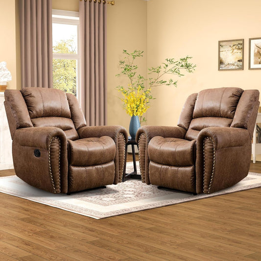 Leather Recliner Chair Set of 2, Classic and Traditional Manual Recliner Chair with Comfortable Arms and Back,Manual Single Recliner Sofa for Living Room, Nut Brown-0