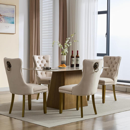 Beige Velvet Dining Chairs Set of 4, Upholstered Dining Room Chairs with Lion Head Pulls Ring and Golden Solid Wood Legs, Modern Button Tufted Kitchen Chairs for Dining Room, Kitchen(Beige)-1