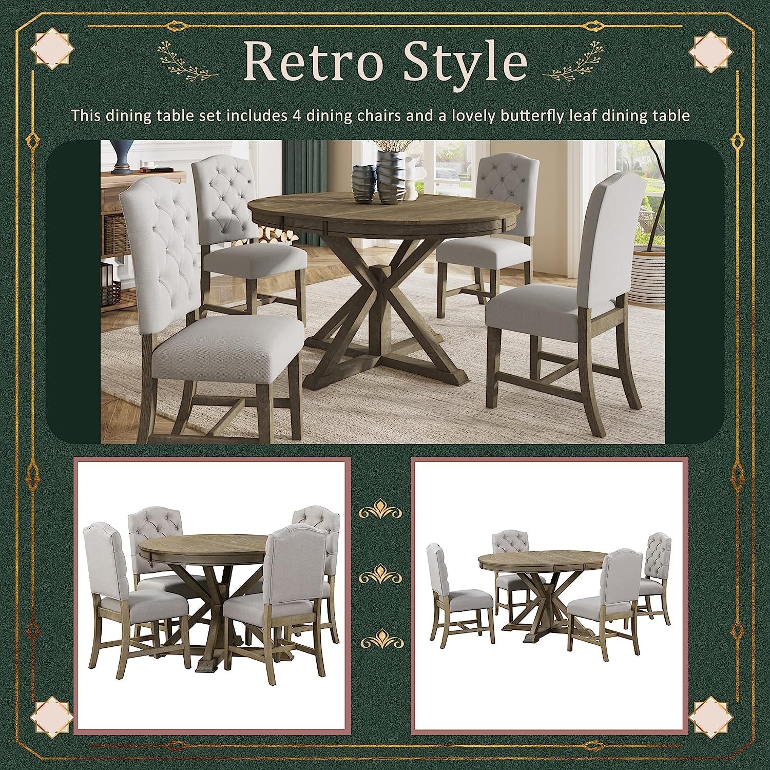 Farmhouse 5-Piece Dining Table Set with Extendable Table and 4 Comfortable Upholstered Chairs-3