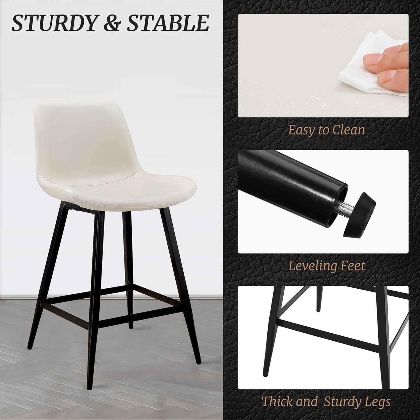 24 Inch Counter Stool, Modern Bucket Barstool Set of 3, Barstools with Back and Footrest, Faux Leather Bar Stools for Kitchen Island Restaurants, Antique White-4