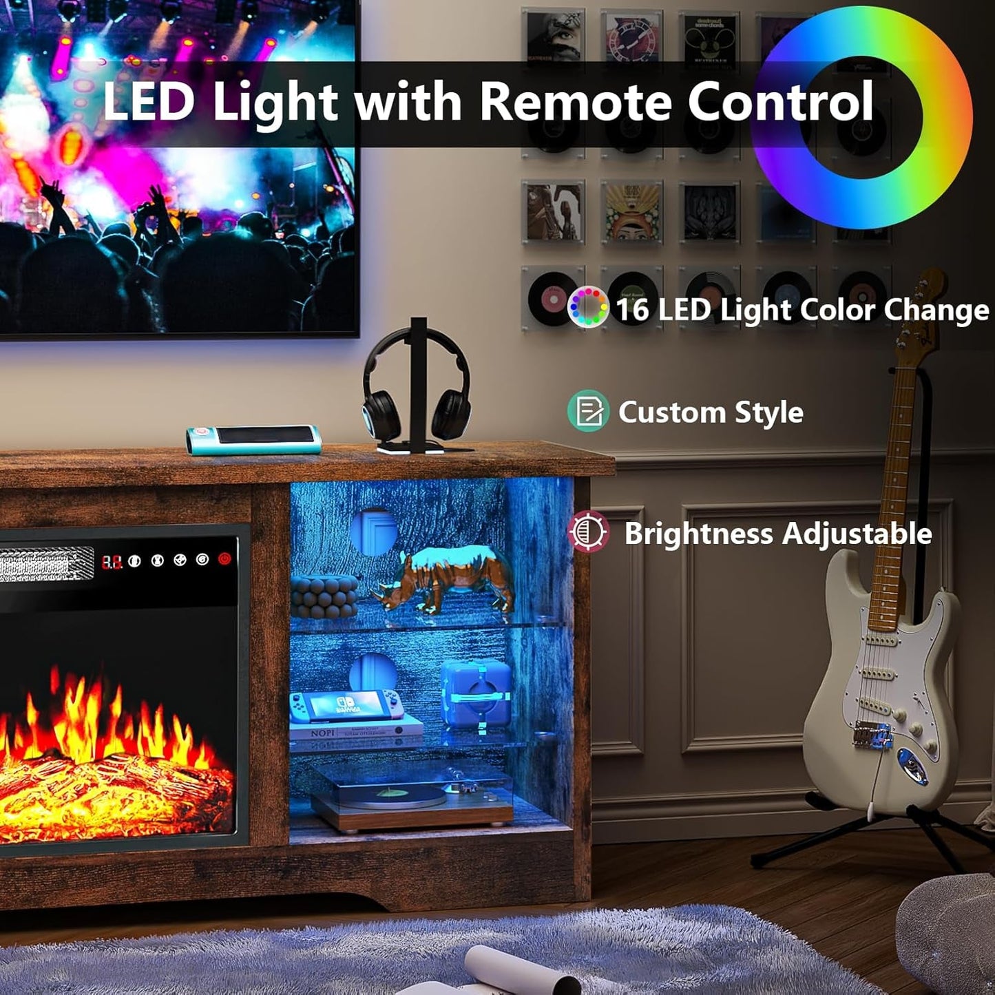 Fireplace TV Stand with 18''Fireplace, Modern Entertainment Center for Tvs up to 65 Inch, Media TV Console with Adjustable Glass Shelves and Storage Cabinets(Brown)-2