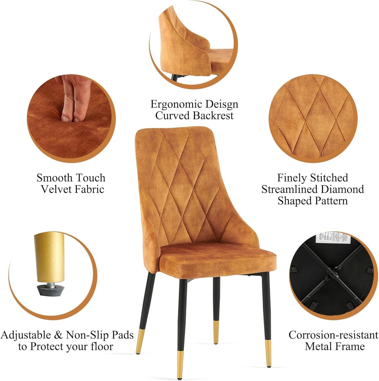 Upholstered Velvet Dining Chair Set of 4, Mustard Armless Side Chair with Metal Legs for Home Kitchen-2