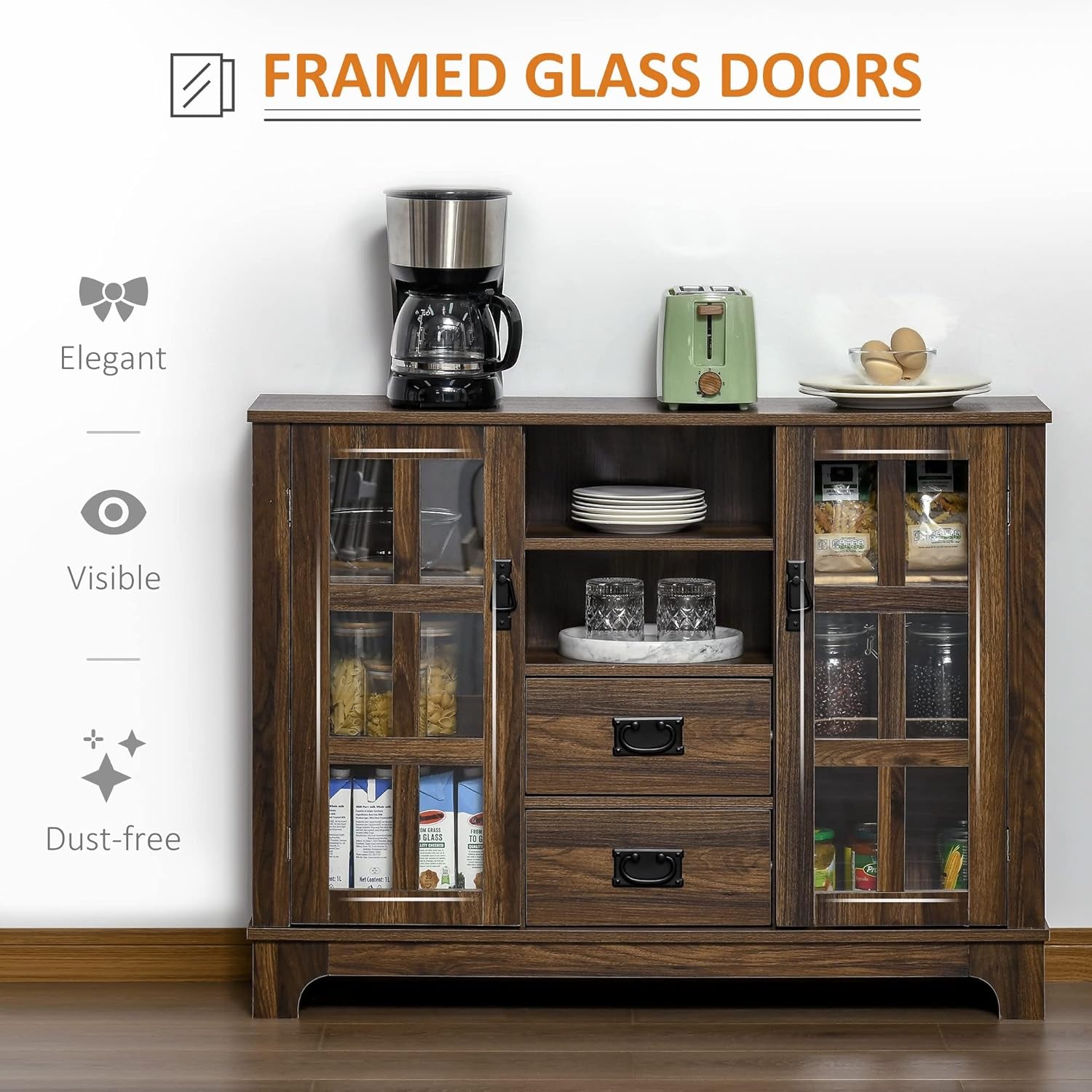 Dark Walnut Sideboard Buffet Glass Door Coffee Bar-4