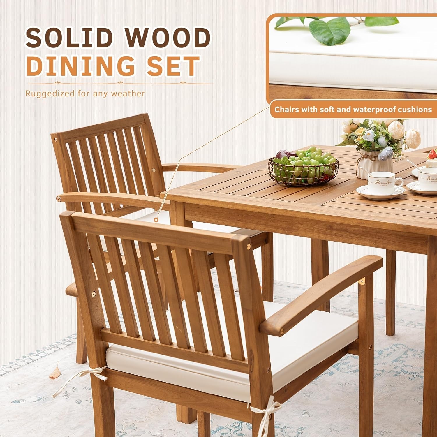 5 Piece Patio Dining Set Outdoor Solid Wood Furniture for Yard, Garden, Porch W/Square Tabletop & 4 Chairs, White-4