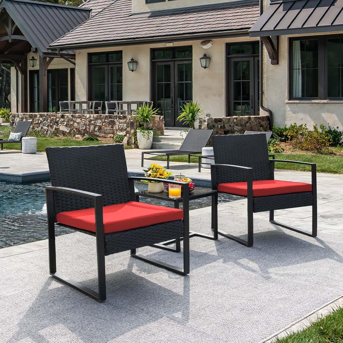 3 Pieces Wicker Patio Furniture Outdoor Modern Rattan Chair Conversation Sets with Coffee Table for Yard and Bistro (Red)-4