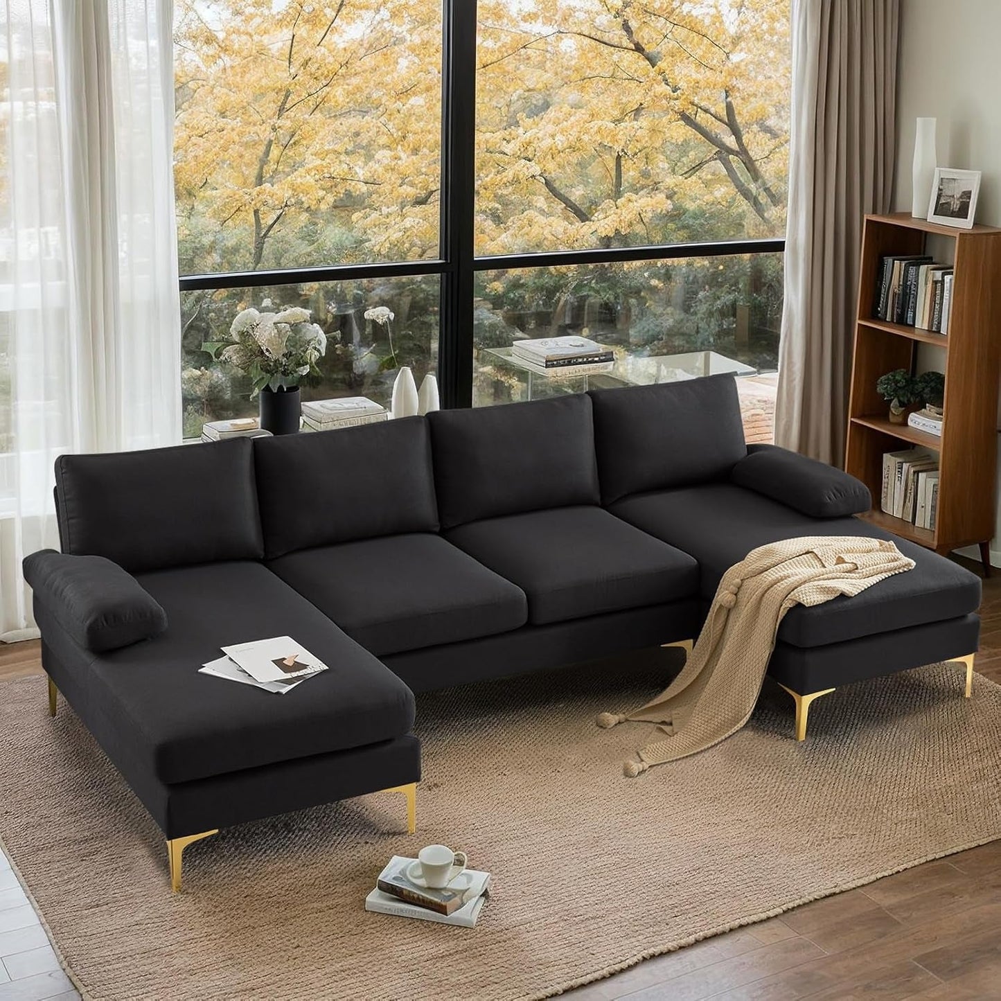 110" Modern U Shaped Sectional Couch with 51"D Double Chaise for Living Room, Black Deep Seat Sectional Sofa Sets with 5.9" Thickness Seating Padding for Home Furniture,Linen Fabric,Metal Legs-0