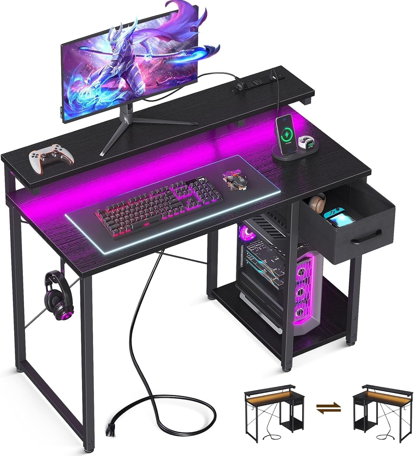 Gaming Desk with LED Lights & Power Outlet, 40 Inch Computer Desk with Drawer, Reversible Desk with Adjustable Monitor Shelf & Headphone Hook for Home Office, Black-0