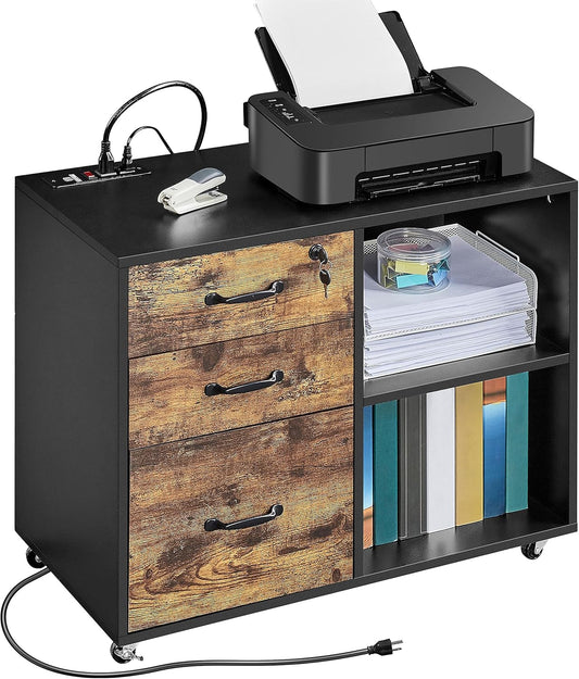 File Cabinet, 3 Drawer Mobile Lateral Filing Cabinet, Printer Stand with Open Storage Shelf under Desk Storage for Home Office, Black/Rustic Brown-0