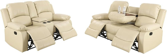 Bonded Leather Living Room Furniture Set Reclining Sofa Set Loveseat Furniture Sets in Living Room Sofa Recliners (Sofa+Loveseat, Beige)-0