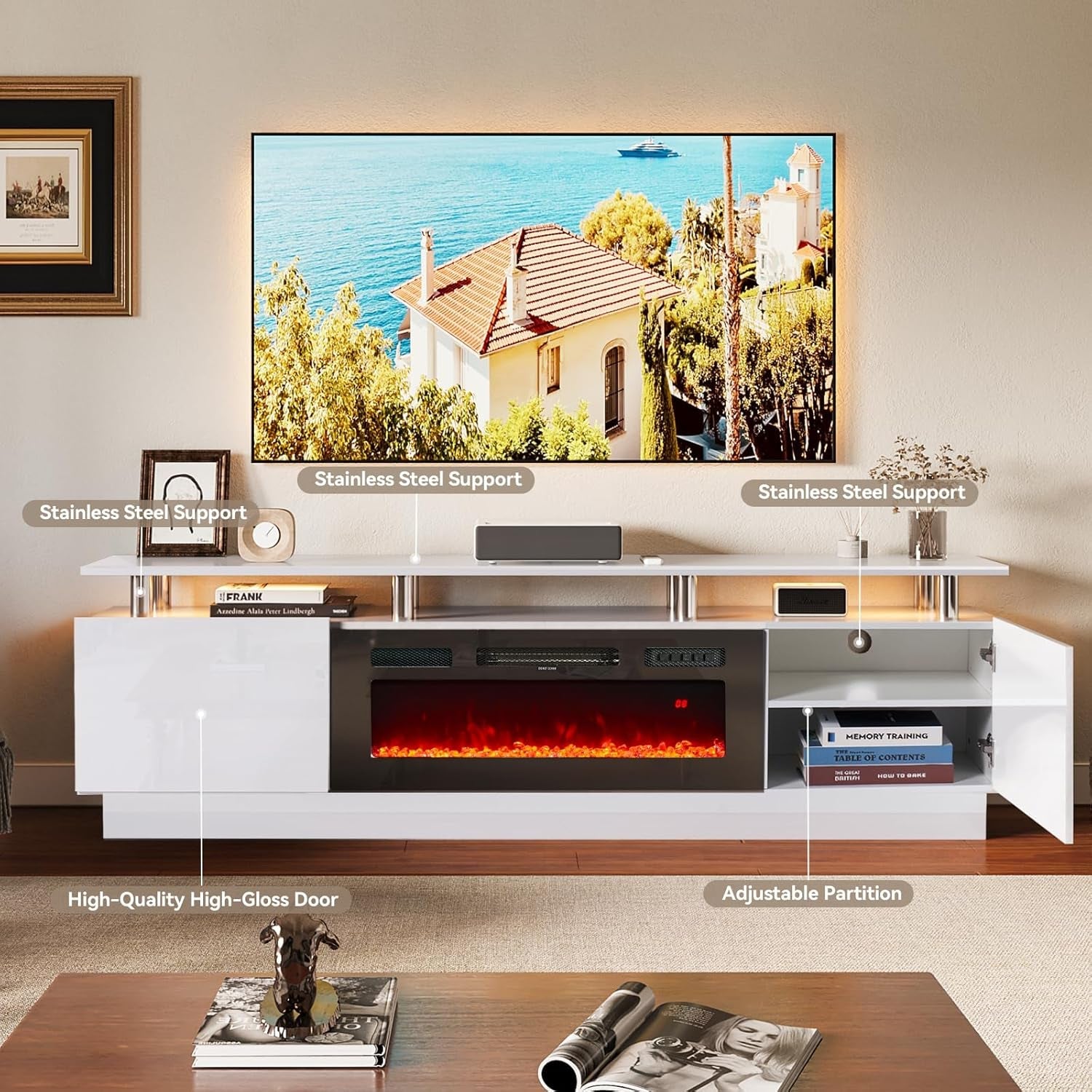 80" Modern Electric Fireplace TV Stand for Tvs up to 90 Inch, with Electronic Flame and LED Lights, Luxury High Gloss Finish Entertainment Center, TV Console Cabinet for Living Room, White-2