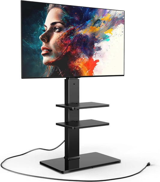 Floor TV Stand with Power Strip for Tvs 32-75 Inch Tvs, Universal TV Stand for Bedroom Living Room with Tempered Glass TV Stand, Swivel TV Stand Holds up to 88Lbs MAX VESA 600X400Mm,Black-0