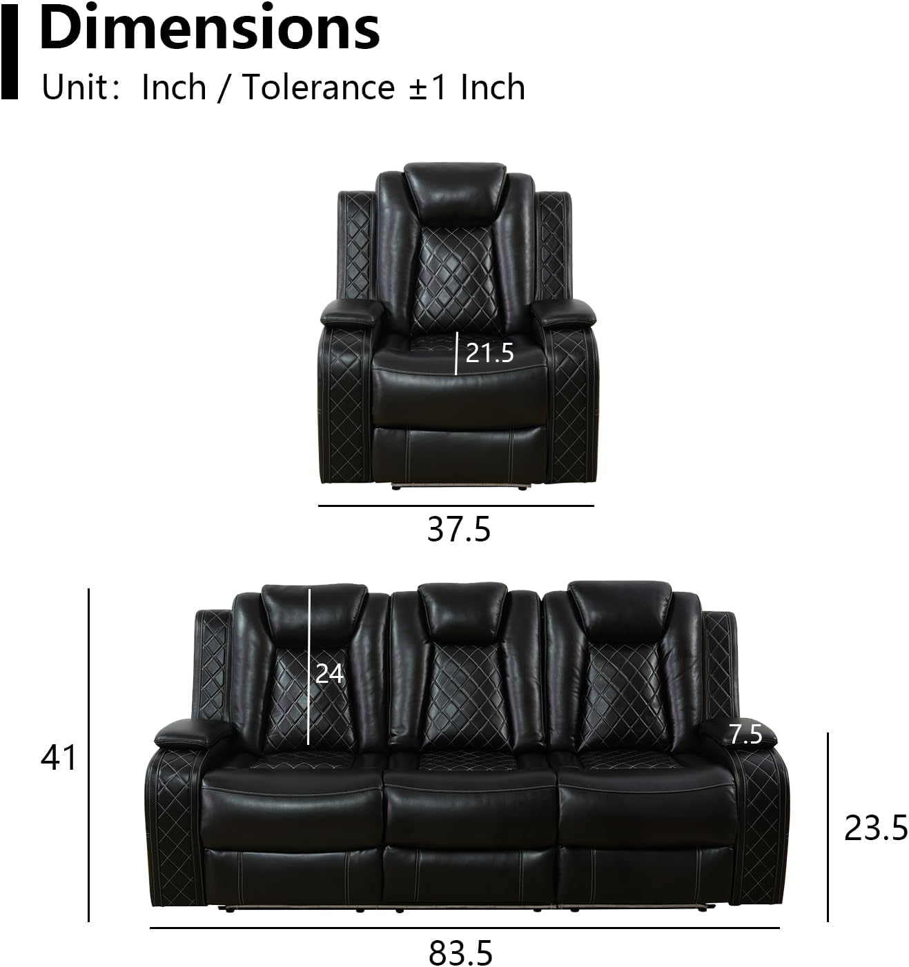 Power Black Leather Reclining Sofa Set with LED Light for Living Room Set，Theater Seat Recliner Chair 3 Seats Double Recliner Sofa with Drop-Down Table/Read Light/Wireless Charge/Usb Port-1
