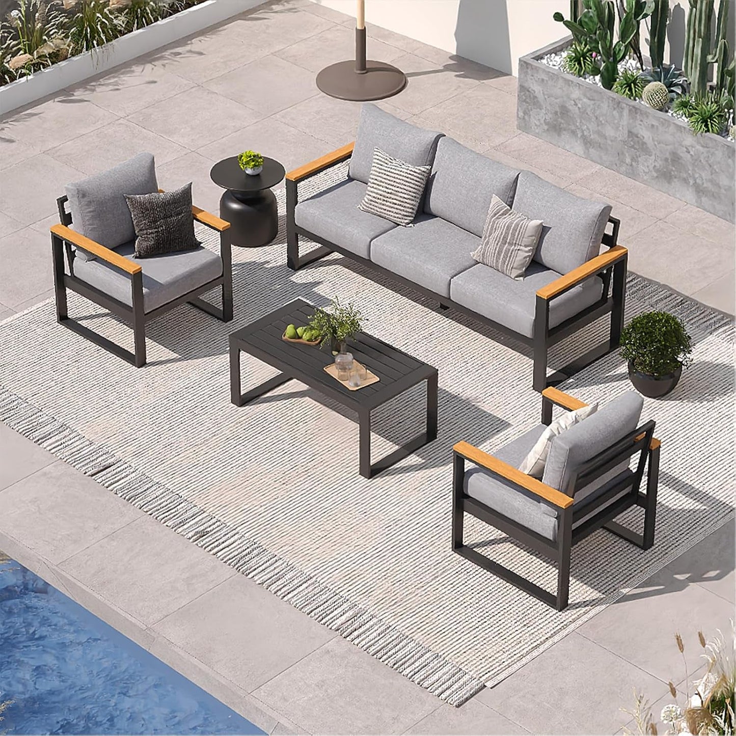 Aluminum Patio Furniture Set, 4 Piece Modern Outdoor Furniture with 6 Inch Cushion, Metal Patio Sectional Conversation Sets for Deck, Backyard, Porch (Grey)-0