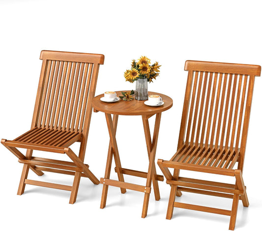 3 Pieces Patio Bistro Set Teak Wood Bistro Table and Chairs Set of 2, Outdoor Conversation Set Patio Chairs Set of 2 without Installation for Backyard, Balcony, Deck, Porch-0