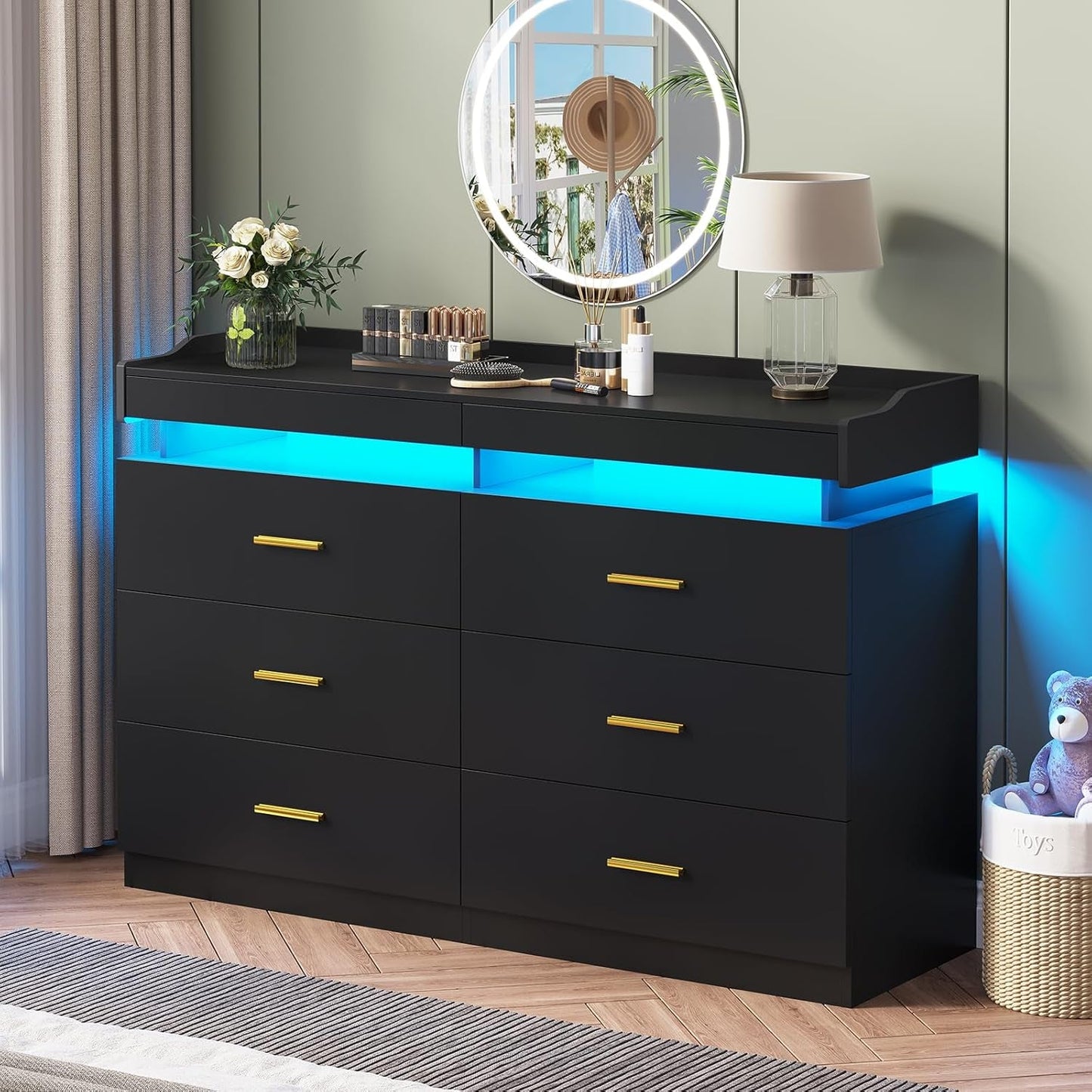 LED Dresser with 2 Pull-Out Tray, 6 Drawer Dresser, 47.2" Long Wide Chest of Drawers, Modern TV Stand Storage Organizer, Double Dressers for Bedroom, Living Room, Hallway, Black-0