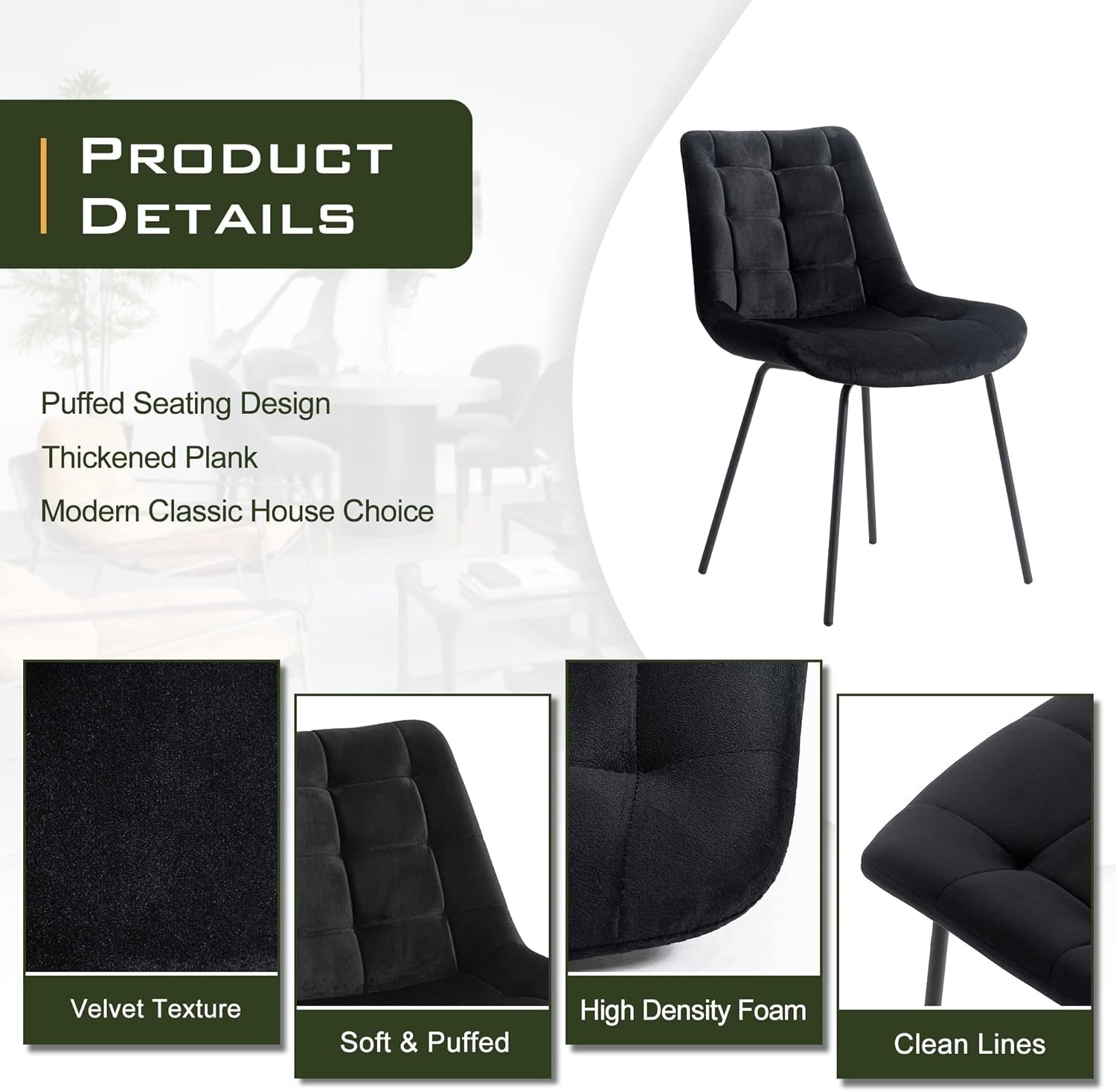 Velvet Dining Chairs, Upholstered Reception Chairs, Tufted Accent Chair with Metal Legs for Home Kitchen, Living Room, Set of 2, Black-4