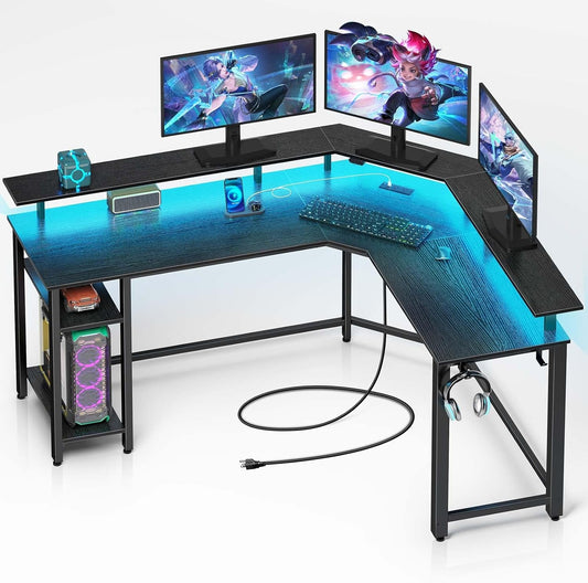 L Shaped Gaming Desk with LED Lights & Power Outlets, 46.2" Computer Desk with Full Monitor Stand & Storage Shelf, Corner Desk with Hooks, Black Desk Reversible-0