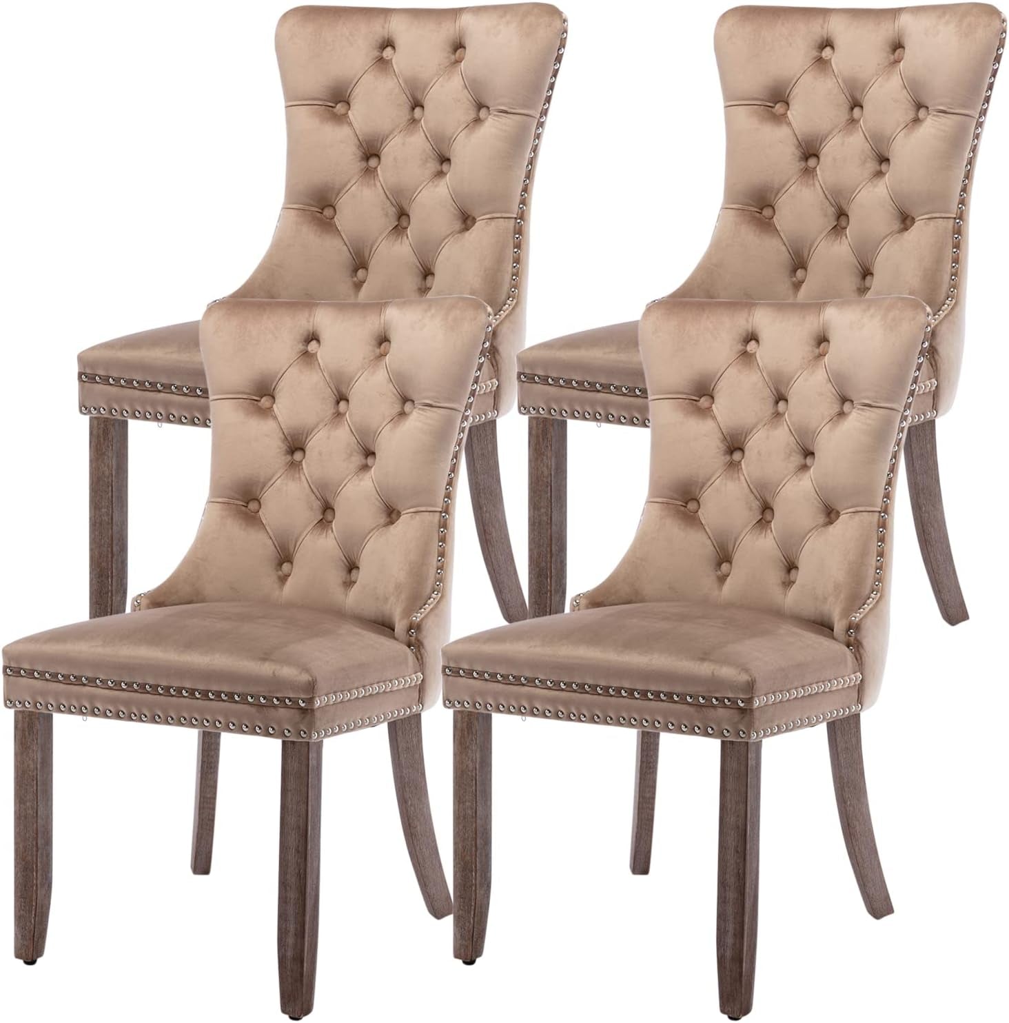 Velvet Dining Chairs Set of 4, Tufted Upholstered Dining Chairs with Nailhead Back and Ring Pull Trim, Solid Wood Dining Chairs for Kitchen/Bedroom/Dining Room (Khaki)-0