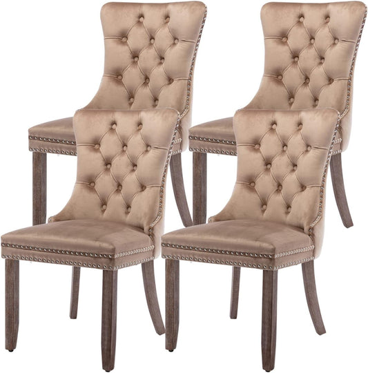 Velvet Dining Chairs Set of 4, Tufted Upholstered Dining Chairs with Nailhead Back and Ring Pull Trim, Solid Wood Dining Chairs for Kitchen/Bedroom/Dining Room (Khaki)-0