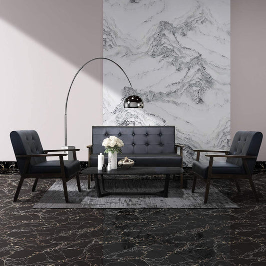 Mid Century 1 Loveseat Sofa and 2 Accent Chairs Set Modern Wood Arm Couch and Chair Living Room Furniture Sets (8428 Black Set)-0