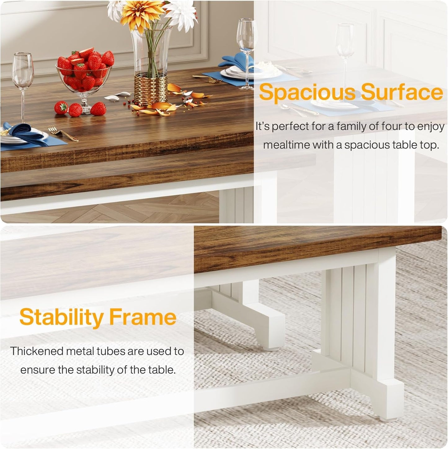 47" Dining Table Set for 4, 3-Piece Kitchen Room Table with 2 Benches, Farmhouse Wood Dinner Furniture for Small Space, Home Living Room, White & Rustic Brown-4