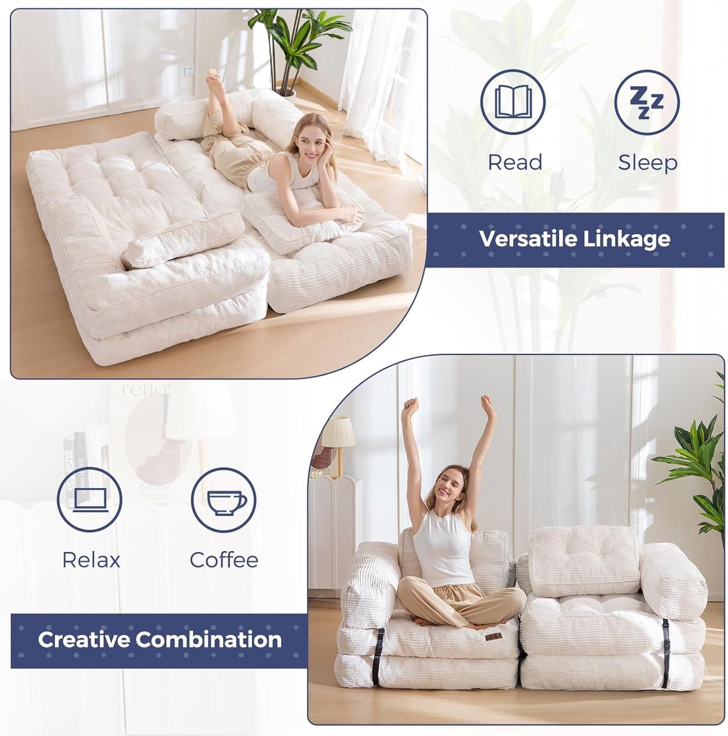 Folding Sofa Bed, L-Shaped Convertible Sofa Bed with Armrest, Beige-4