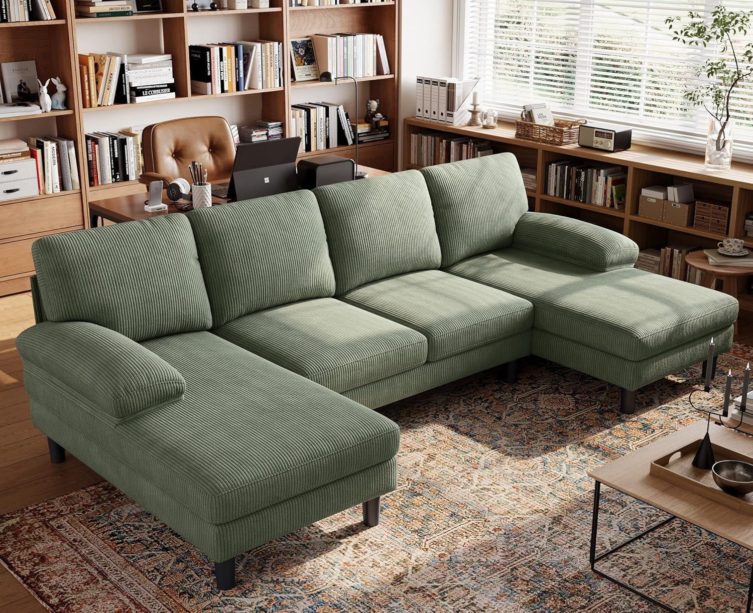 Sectional Couch, 111'' W Corduroy U Shaped Sofa with Sleepable Armrests, 4 Seat Couch with Double Chaises, Deep Sofa for Living Room, Army Green-0