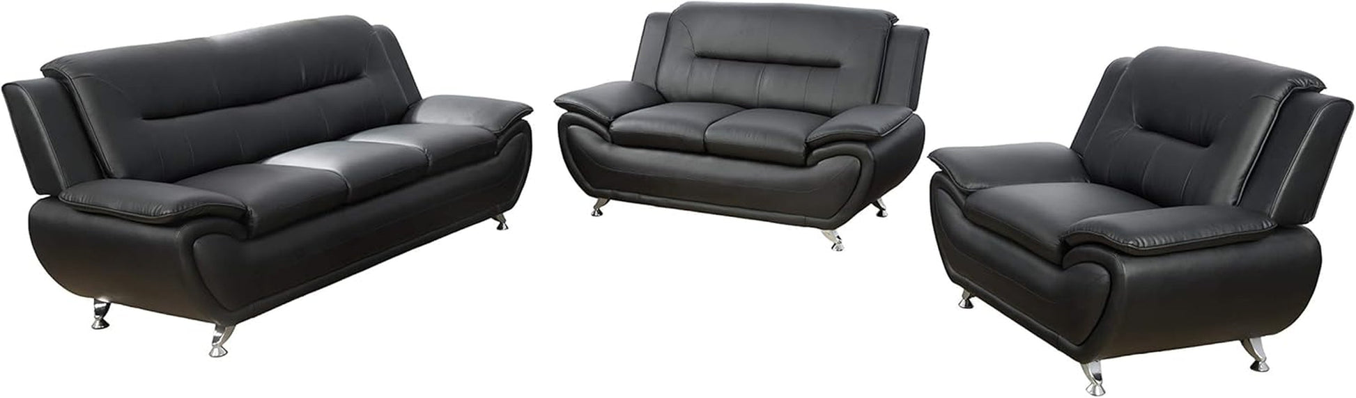 3PCS Faux Leather Sofa Set, Living Room Couch Set with Sofa, Loveseat and Chair (Black)-3