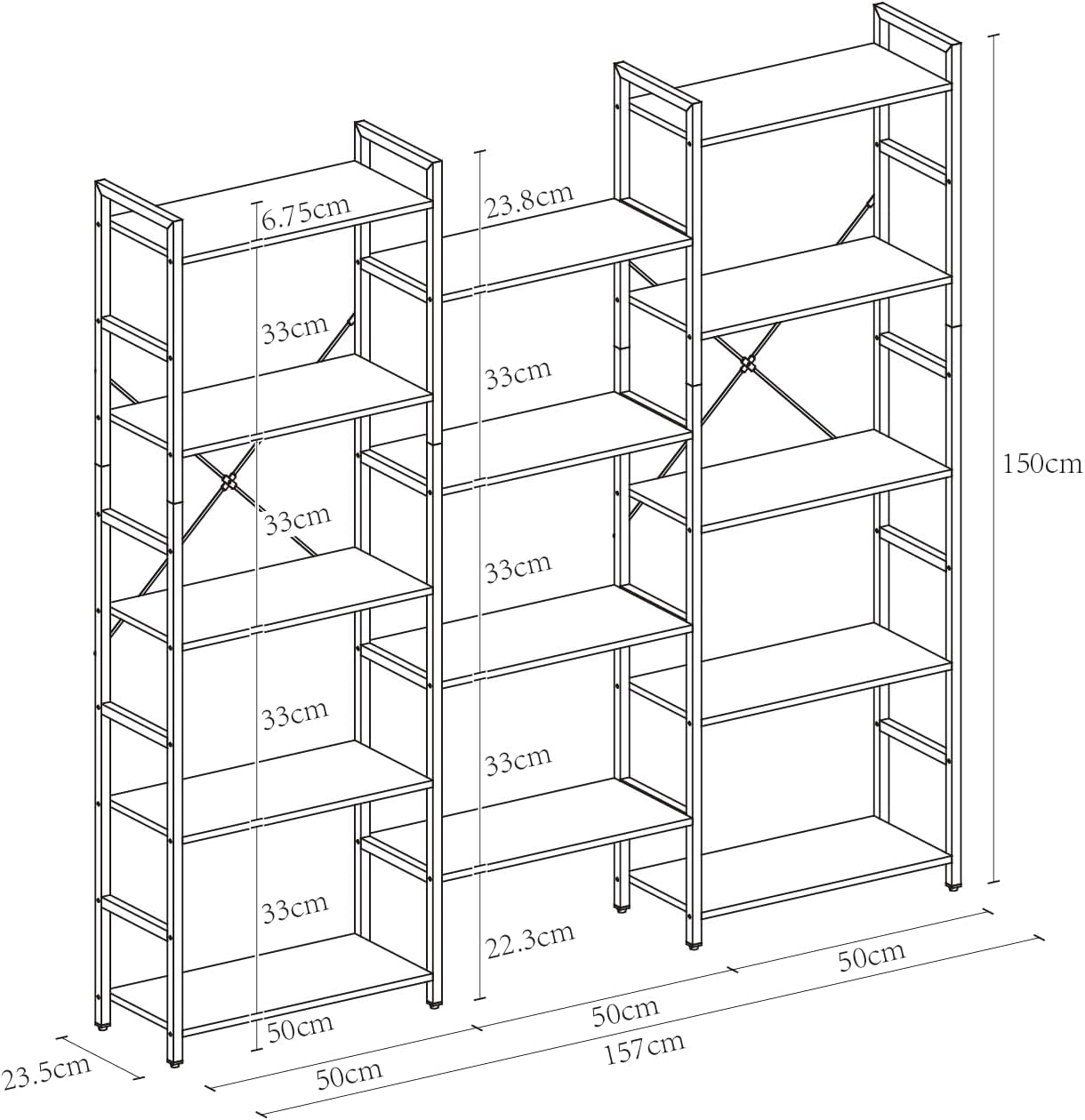 Triple 4/5/6 Tier Bookshelf, Industrial Bookcase with 11/14/17 Open Display Shelves Wide Book Shelf Book Case with Metal Frame for Living Room Home Office (Brown, 5 Tier)-2