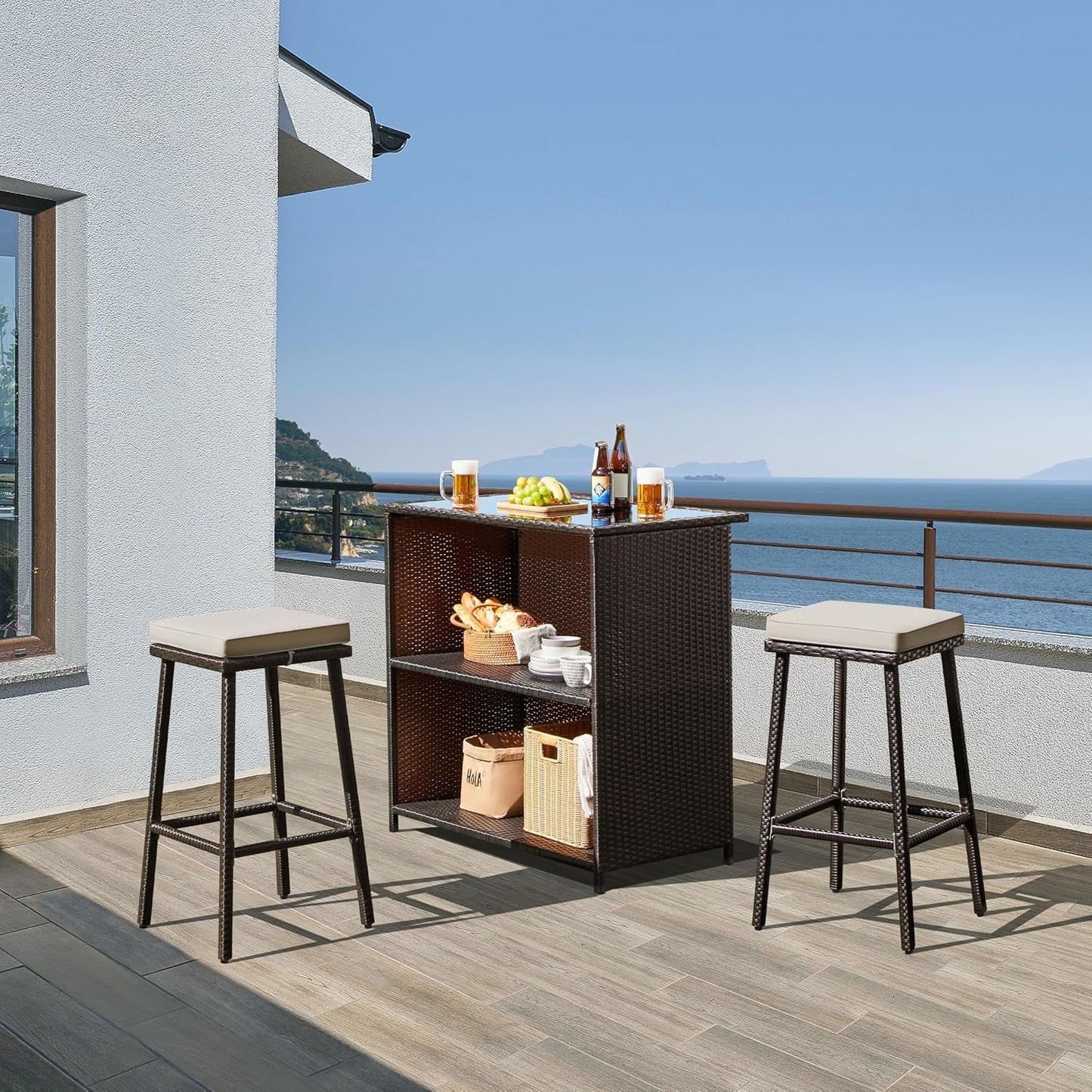 3Pcs Outdoor Bar Set, Patio Wicker Bar Furniture with 2 Storage Shelves, Glass Top Table, Cushions and Two Stools, Brown/Khaki-2