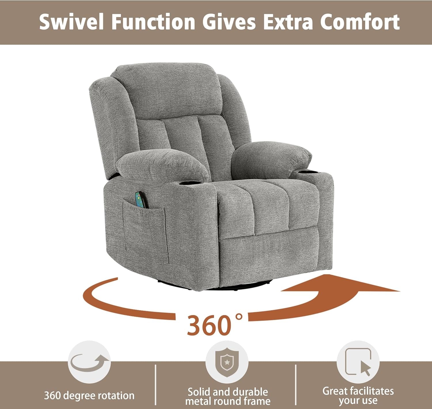 Rocker Swivel Recliner Chair for Adults, Overstuffed Large Manual Recliner Glider with Massage and Heat, Comfy Soft Fabric Living Room Reclining Sofa Chair(Lime Gray)-3