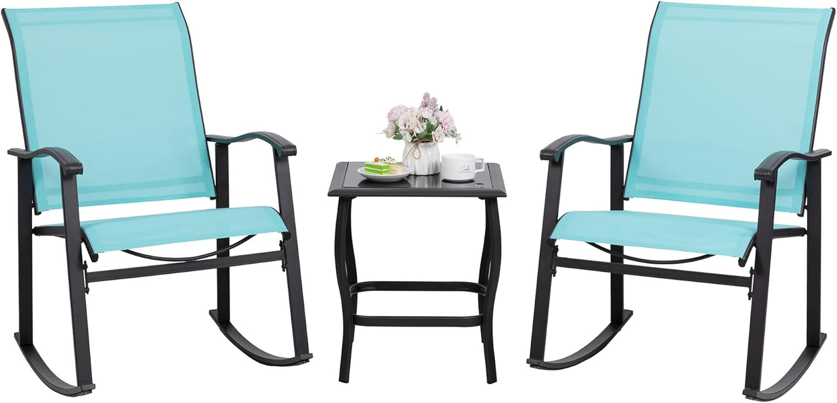 3 Piece Rocking Bistro Set, Outdoor Furniture with Rocker Chairs and Glass Coffee Table Set of 3, Balcony, Porch Furniture for Small Space, Blue-0